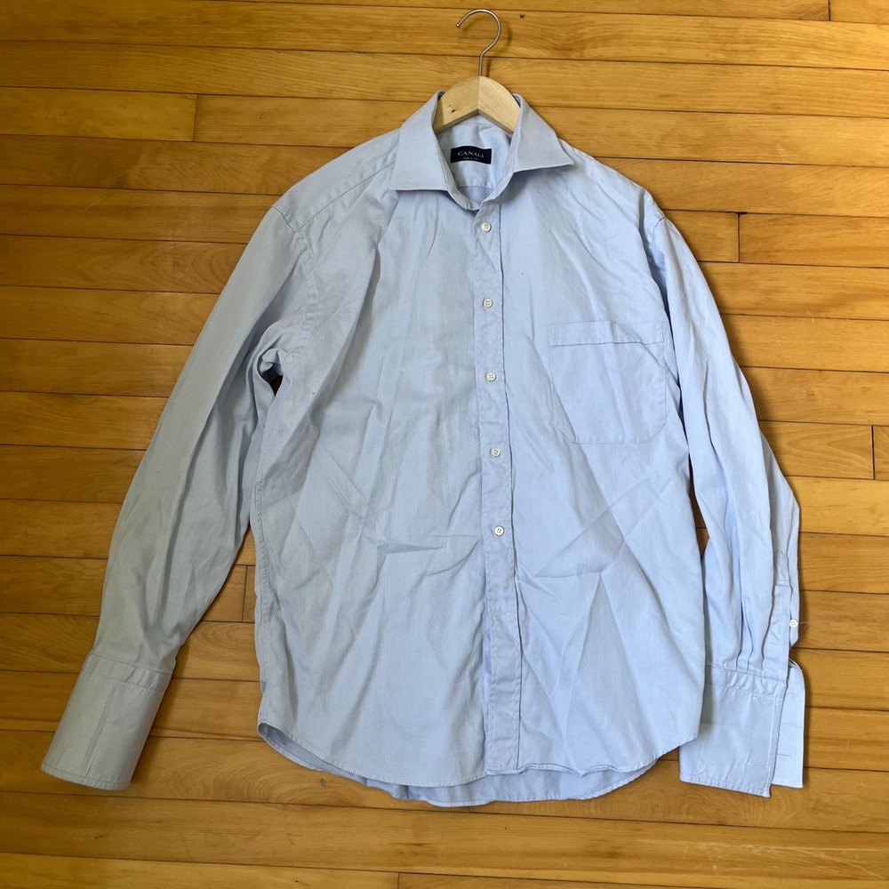 Canali Mens Light Blue Micro Stripe French Cuff Dress Shirt Made in Italy 16 41